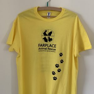 Yellow t-shirt with the Farplace Animal Rescue logo.