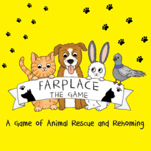 Front cover of farplace the game box with cute animals and the words 'a game of animal rescue and rehoming'